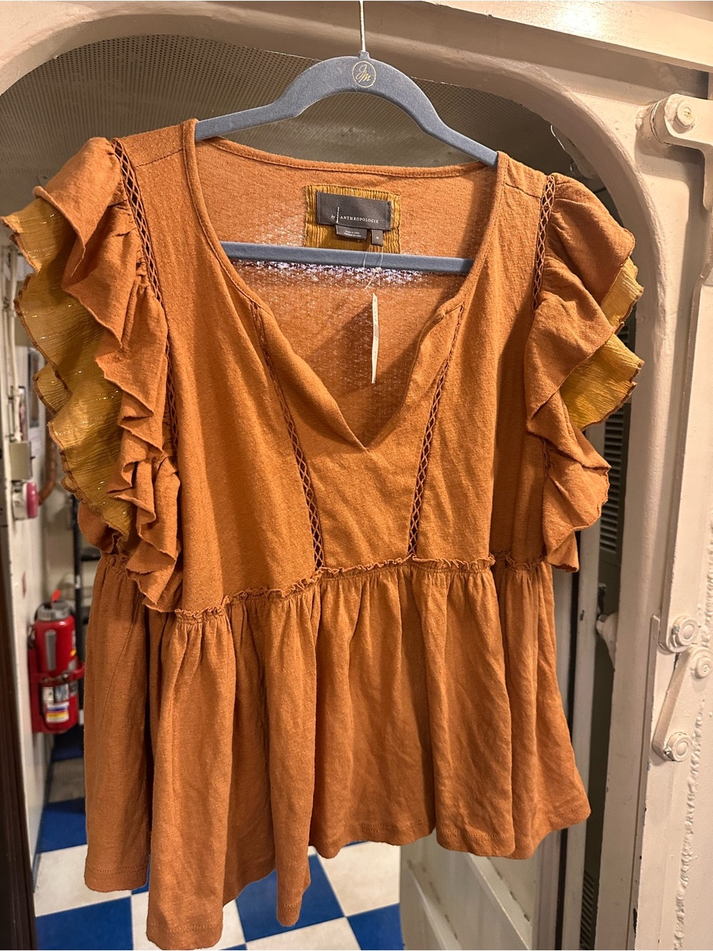 Anthropologie Rust Orange Ruffled Peplum V-Neck Top